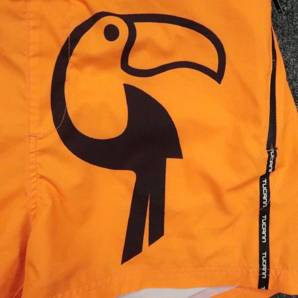 Tucann Swim Shorts Mens XL Orange Lined Zip Pocket Beach Graphic Print